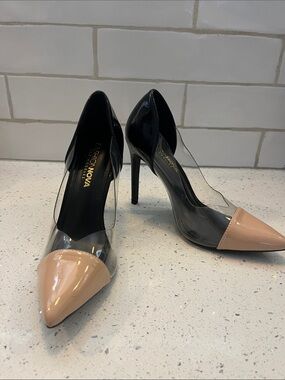 Fashion Nova Black Clear Pumps with Nude Patent Pointed Toe